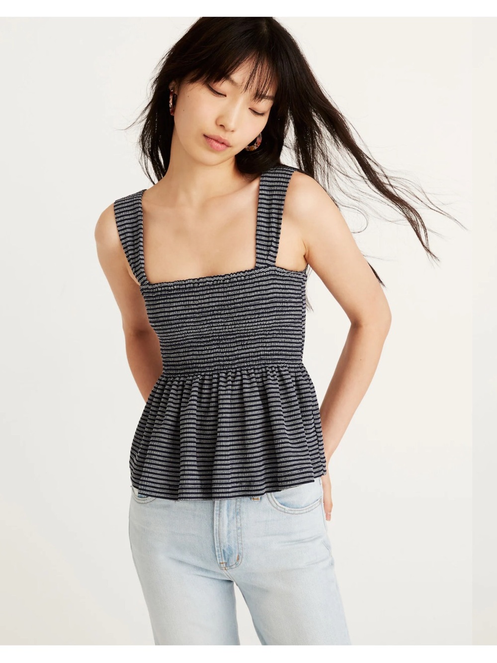 Madewell Black & White Striped Smocked Peplum Tank